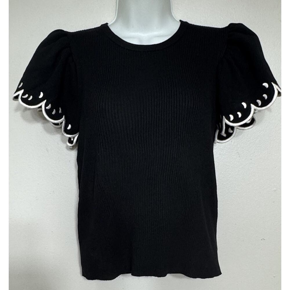Strut & Bolt Women Medium Black Ribbed Knit Short Flutter Sleeve Top Sweater NEW